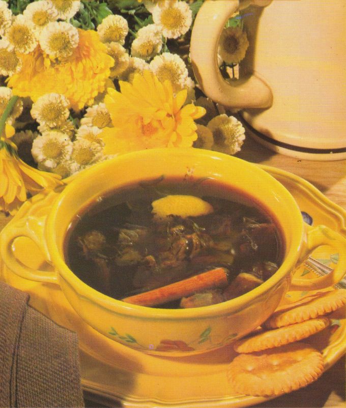 Eine dunkle Fleischbrühe mit Karotten, Pilzen und einem Klecks Butter in einer gelben Suppenterrine mit Blumenmuster. Im Hintergrund stehen gelbe und weiße Blumen in einer Vase sowie eine passende Tasse auf einem Unterteller.