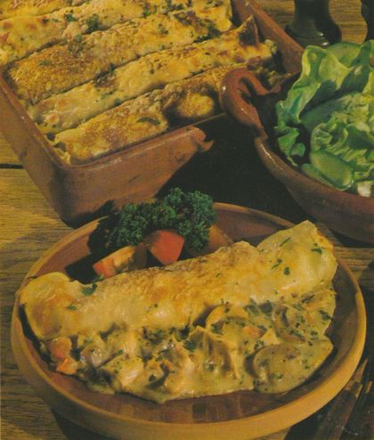 Gefüllte Pfannkuchen mit Hähnchen–Champignon–Füllung auf einem Teller, garniert mit Petersilie, Karotten und Tomate. Im Hintergrund eine Auflaufform mit weiteren überbackenen Pfannkuchen und eine Schüssel mit Blattsalat.