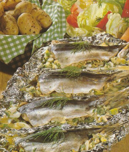 Vier in Alufolie gewickelte, gefüllte Heringe mit Dill garniert, serviert mit Salzkartoffeln im karierten Geschirrtuch und gemischtem Blattsalat mit Tomaten.