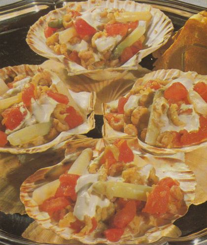 Vier geöffnete Jakobsmuscheln in ihrer gerillten Schale, gefüllt mit Muschelfleisch, leuchtend orangen Rogen, Gemüsestückchen und einer hellen Sauce. Die Muscheln sind kreisförmig arrangiert.