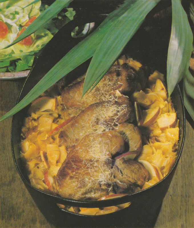 Schwarze Schmorpfanne mit überbackenen Schweinesteaks auf einem Bett aus Bandnudeln, Apfelschnitzeln und Zwiebeln. Das Fleisch ist mit geriebenem Käse bestreut. Lange grüne Blätter einer Topfpflanze ragen dekorativ über die Pfanne. Im Hintergrund links ein Teller mit gemischtem Salat.