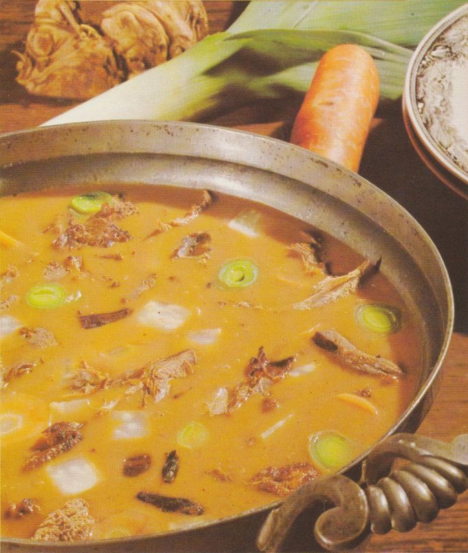 Kräftiges Ragout mit orangefarbener Brühe in rundem Metalltopf, darin sichtbar Fleischstücke und Lauchringe. Im Hintergrund frische Möhre und eine Lauchstange.