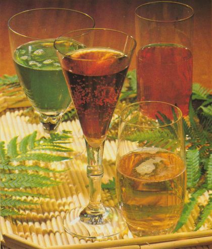 Getränke unterschiedlicher Farbe in Gläsern unterschiedlicher Form. Die Gläser stehen auf einem Tablett, dekoriert mit grünen Farnwedeln und gelben Kerzenhaltern aus strukturiertem Glas.