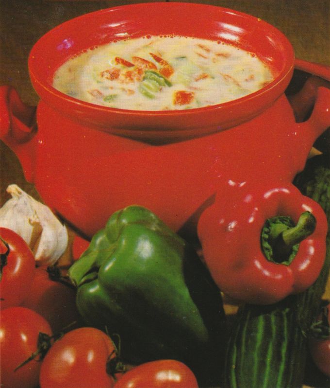 Eine cremige helle Suppe in einem orangefarbenen Topf mit Henkeln, garniert mit Speckwürfeln und Lauchringen. Drumherum sind frische Zutaten arrangiert: rote und grüne Paprika, Knoblauch und Tomaten.