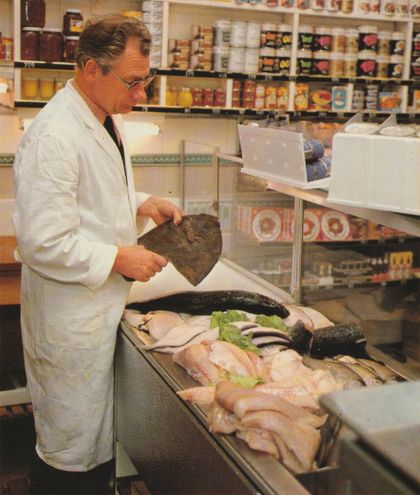 Ein Fischhändler im weißen Kittel präsentiert in einem Supermarkt eine große Flunder oder Scholle über einer Kühltheke mit frischem Fisch. Im Hintergrund sind Regale mit bunten Konserven und anderen Lebensmitteln aus den 1970er-Jahren zu sehen.