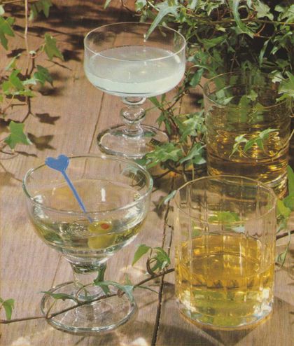 Verschiedene Cocktailgläser mit Getränken stehen auf einem hellen Holztisch, dekoriert mit grünen Zweigen, eines dekoriert herzförmigen blauen Cocktailspieß.