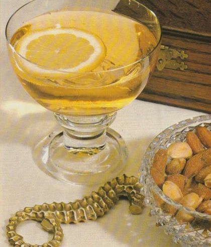 Ein Stielglas mit goldgelber Flüssigkeit und einer Zitronenscheibe steht neben einem Glasschälchen mit gesalzenen Erdnüssen und Crackern. Im Vordergrund liegt ein Flaschenöffner in Seepferdchenform und eine Schale mit gesalzenen Mandeln.